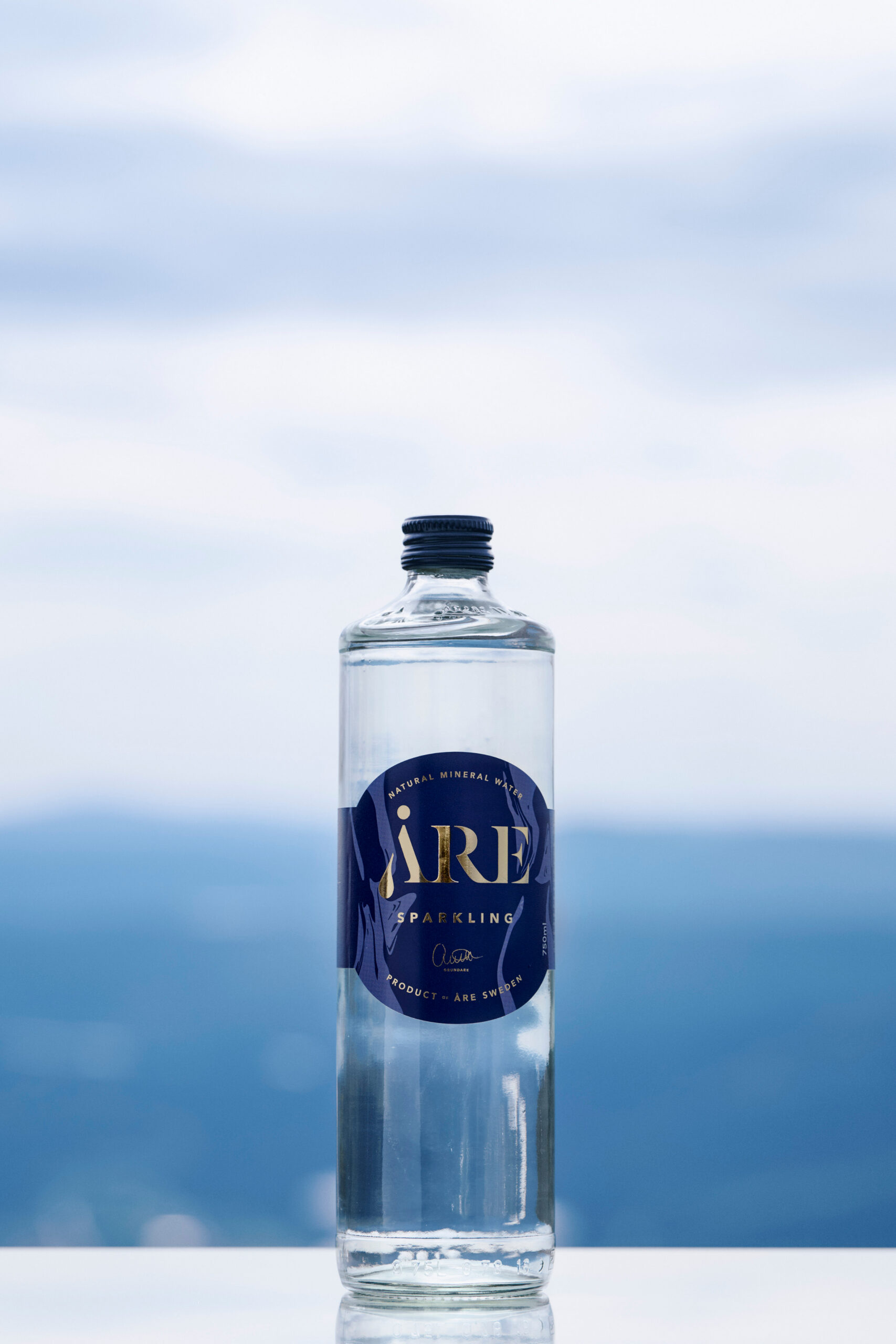 Glass bottle container filled with carbonated mineral water.