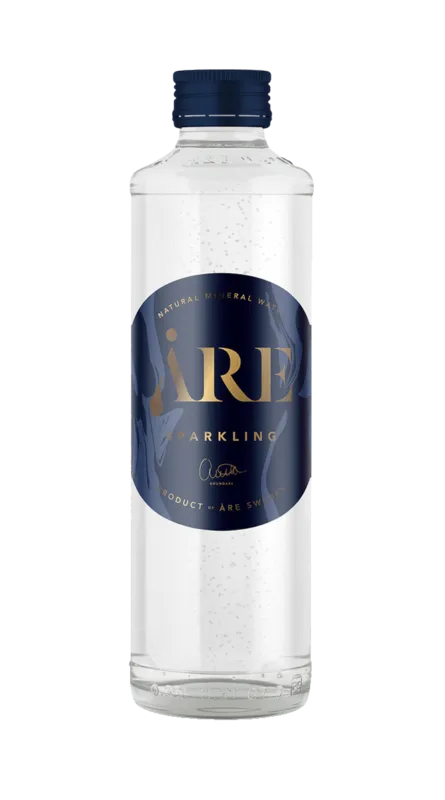 Glass bottle container filled with carbonated mineral water.