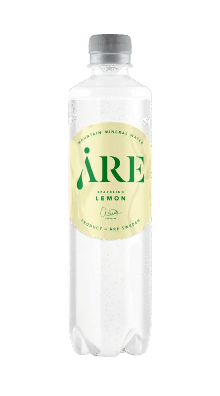 PET bottle container filled with carbonated mineral water with lemon flavour.